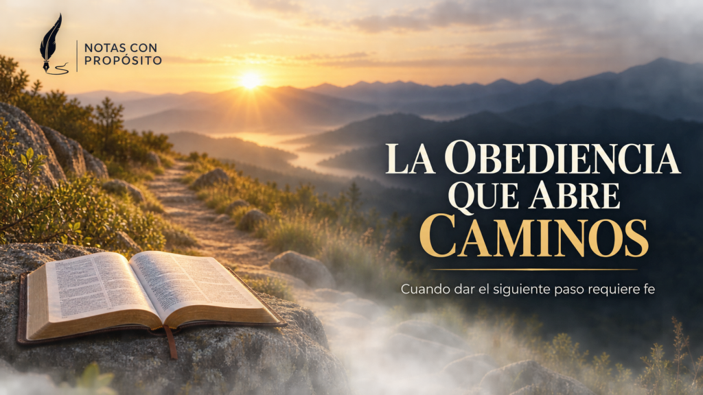 Biblia abierta junto a un camino de montaña al amanecer, portada de La obediencia que abre caminos